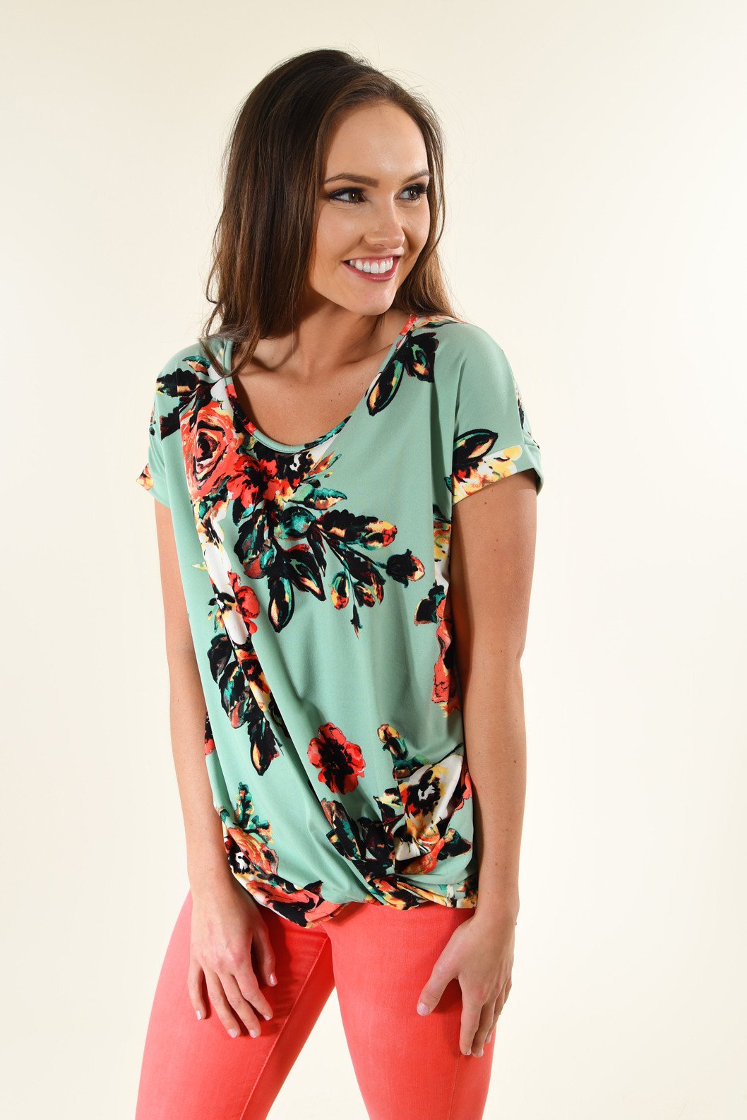 Watercolor Floral Knot Top ~ Mint