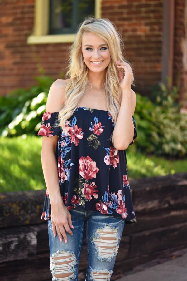 Navy Floral Off the Shoulder Top