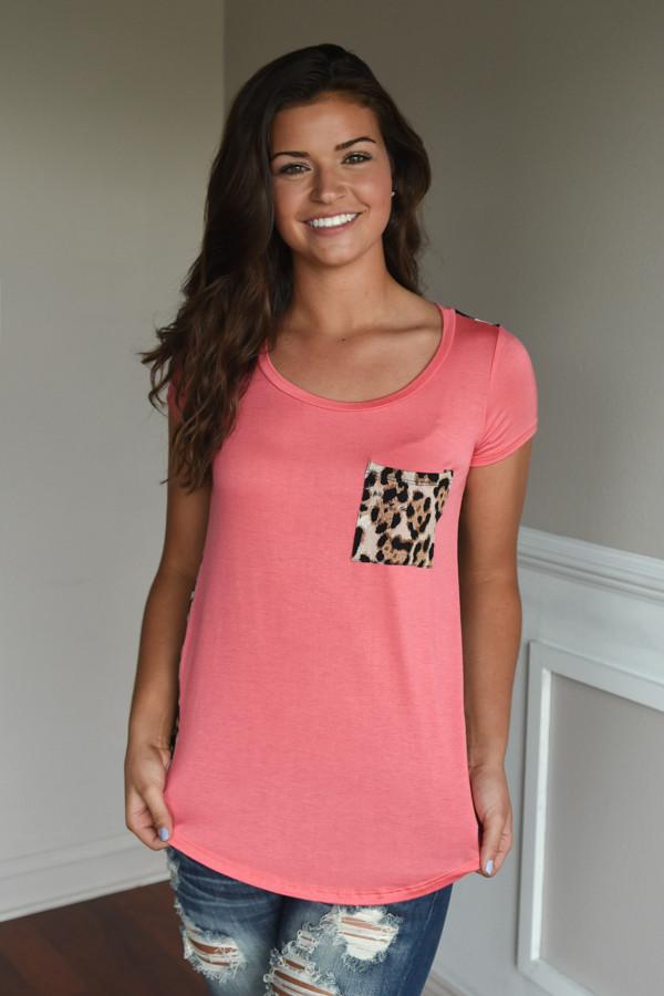 Leopard Pocket Top ~ Coral