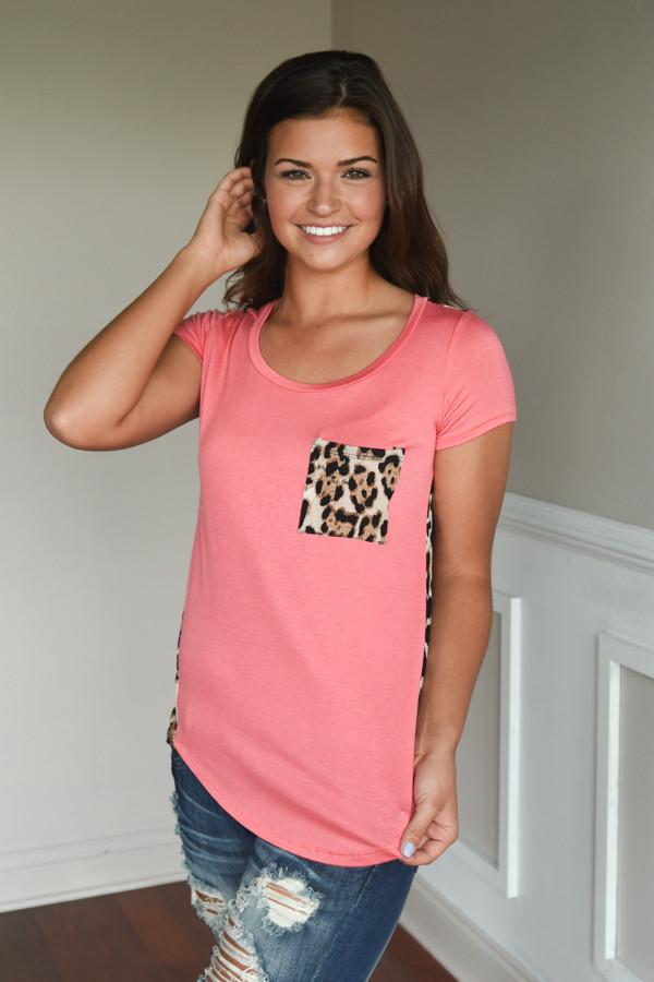 Leopard Pocket Top ~ Coral