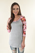 Pink Floral and Grey 3/4 Sleeve Top