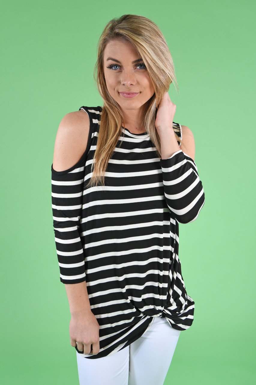 Cold Shoulder Black Striped Top