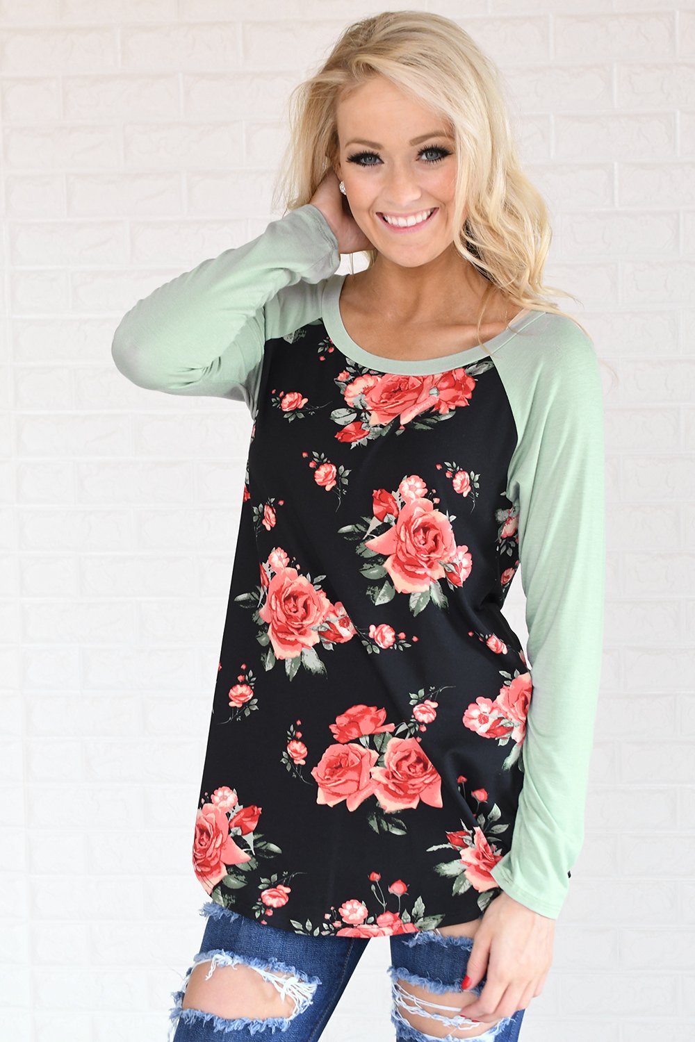 Happy in Floral Baseball Tee ~ Mint