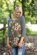Olive Floral Top w/Striped Sleeves