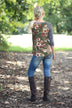 Olive Floral Top w/Striped Sleeves