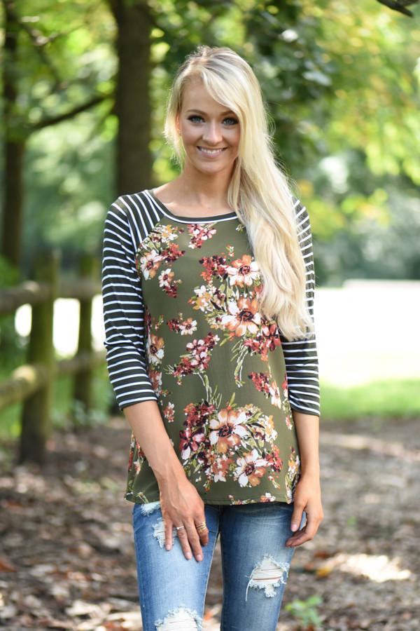 Olive Floral Top w/Striped Sleeves