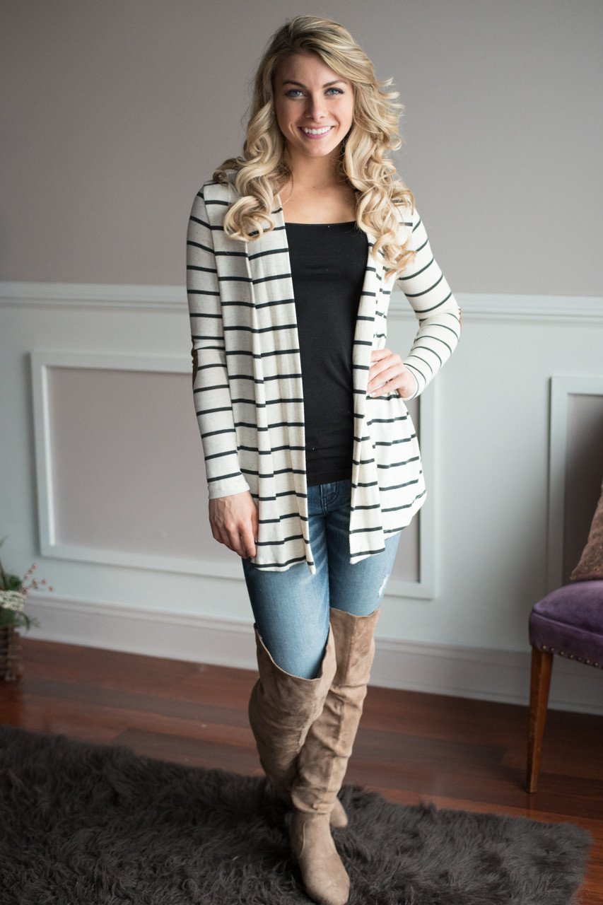 Charcoal Striped Elbow Patch Cardigan
