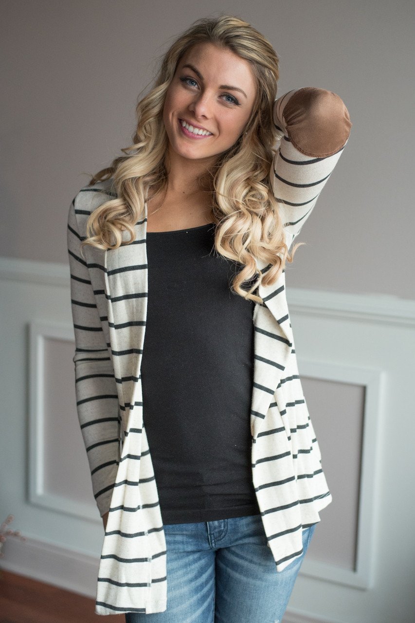 Charcoal Striped Elbow Patch Cardigan