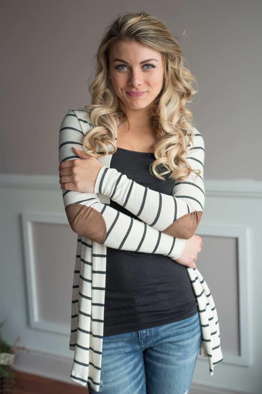 Charcoal Striped Elbow Patch Cardigan