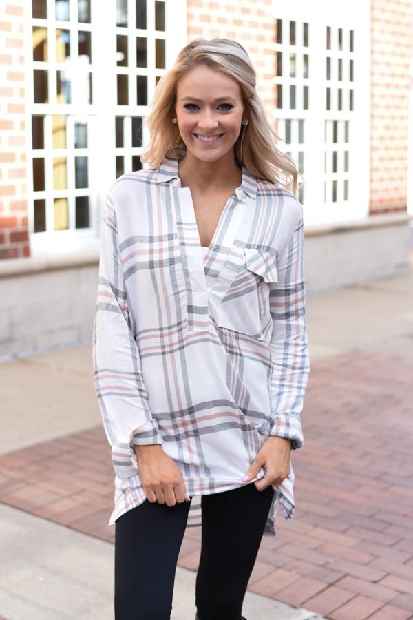 Ivory & Brown Plaid Top