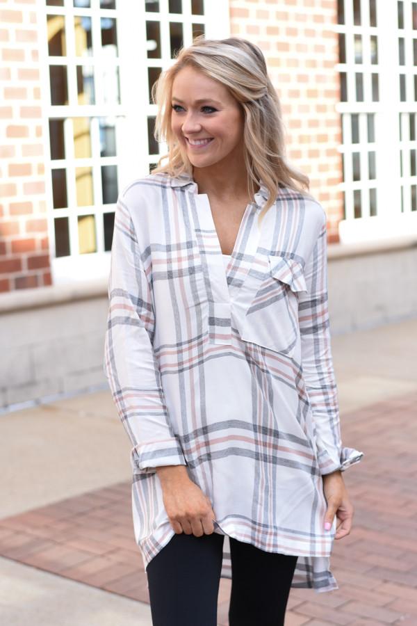 Ivory & Brown Plaid Top