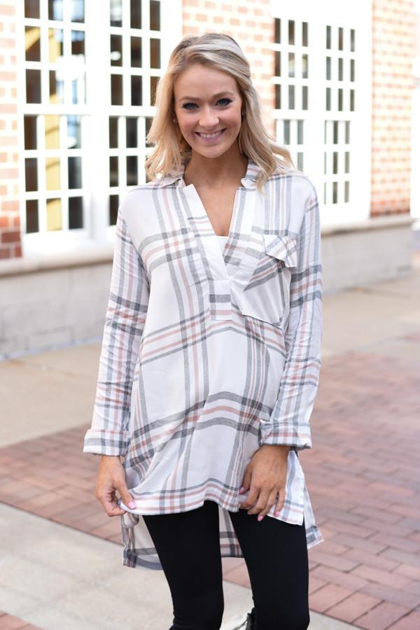 Ivory & Brown Plaid Top