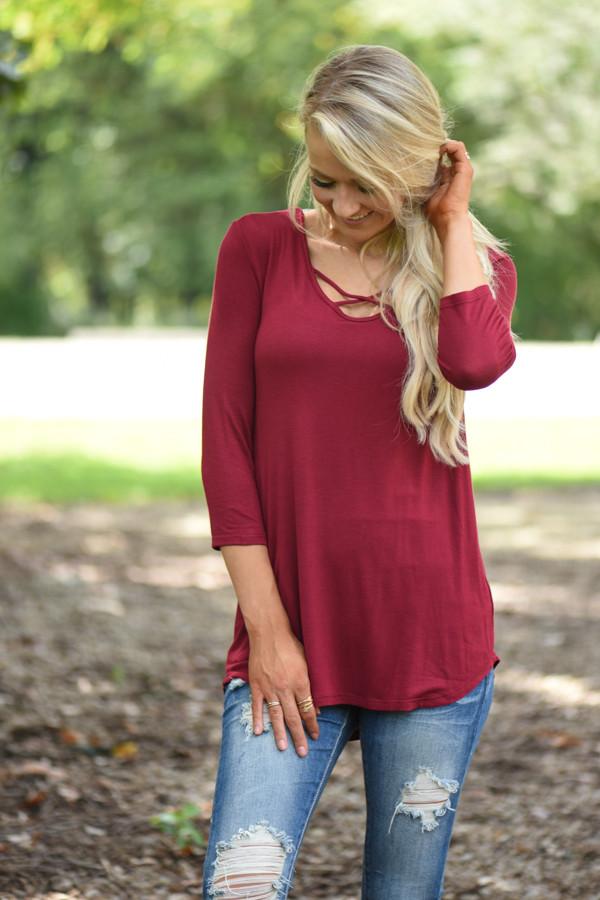 Criss Cross My Heart Top - Burgundy