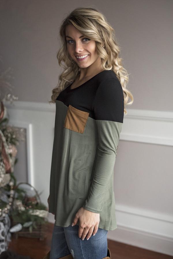 Suede Pocket Top - Olive
