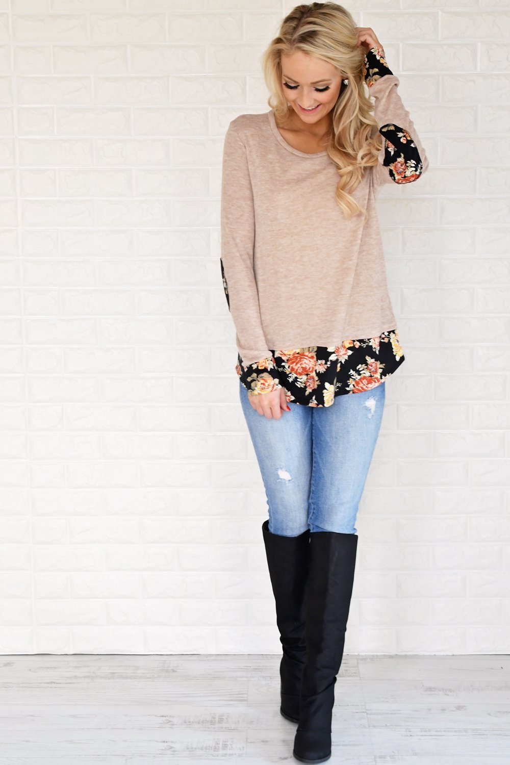 Lucky in Floral Top ~ Taupe