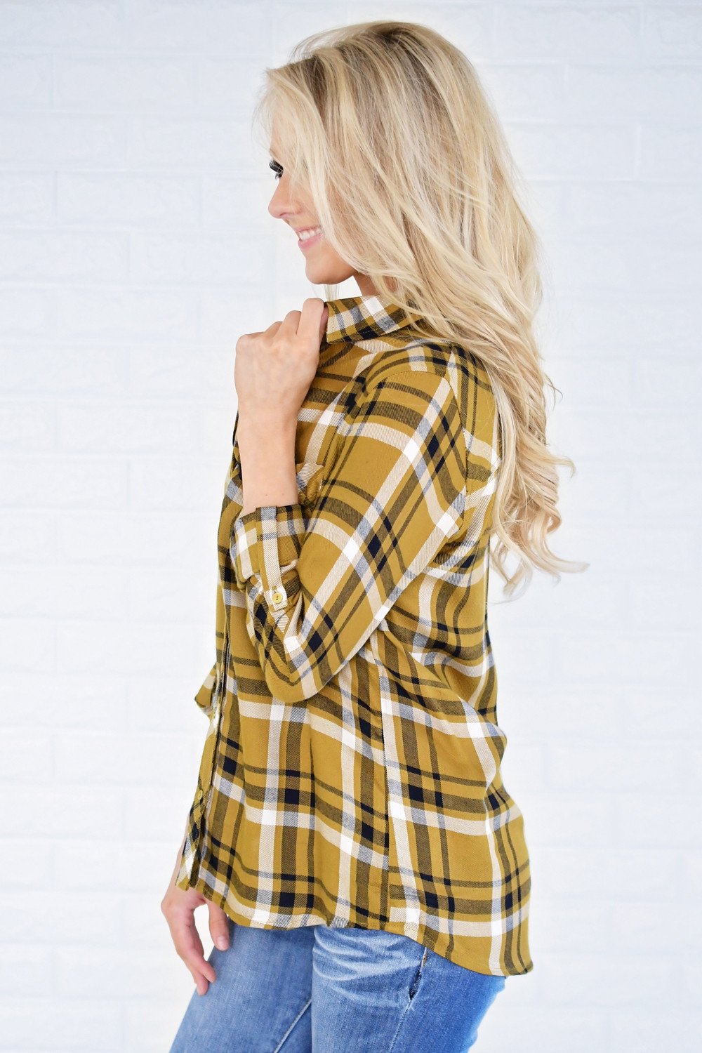 Essential Mustard Plaid Button Up Top