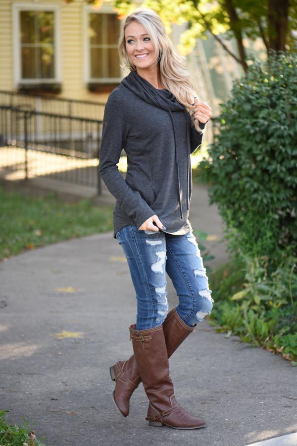 Between You & Me Cowl Neck Top - Charcoal