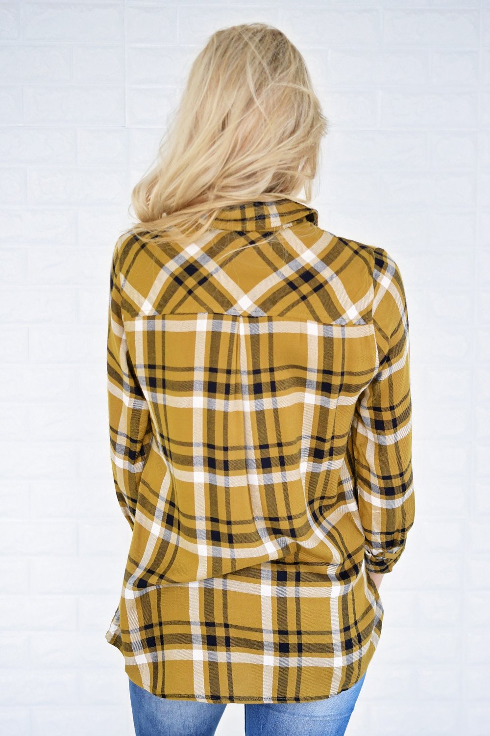 Essential Mustard Plaid Button Up Top