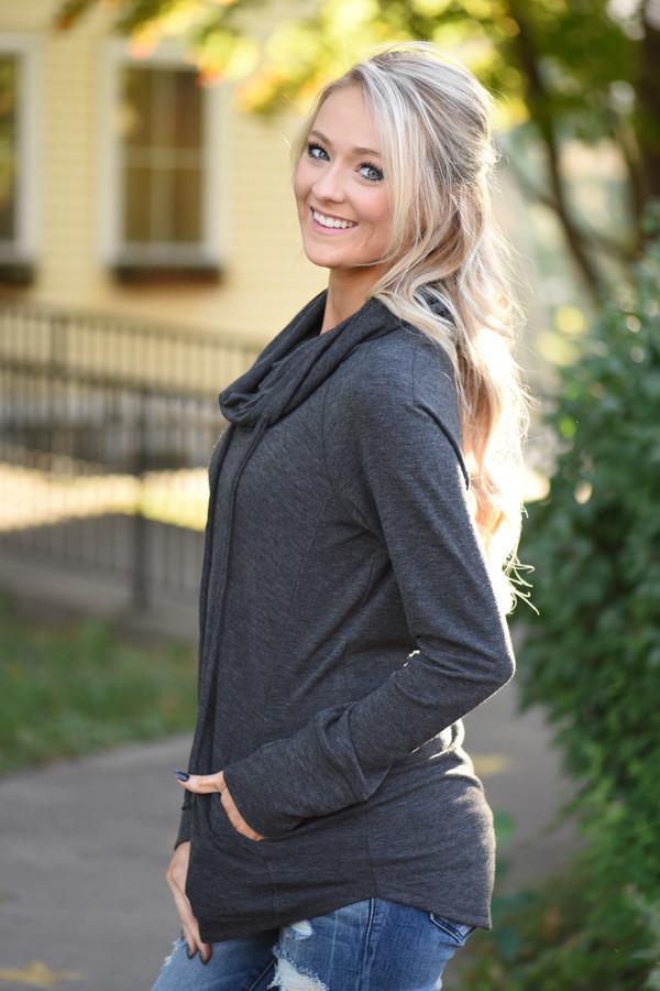 Between You & Me Cowl Neck Top - Charcoal