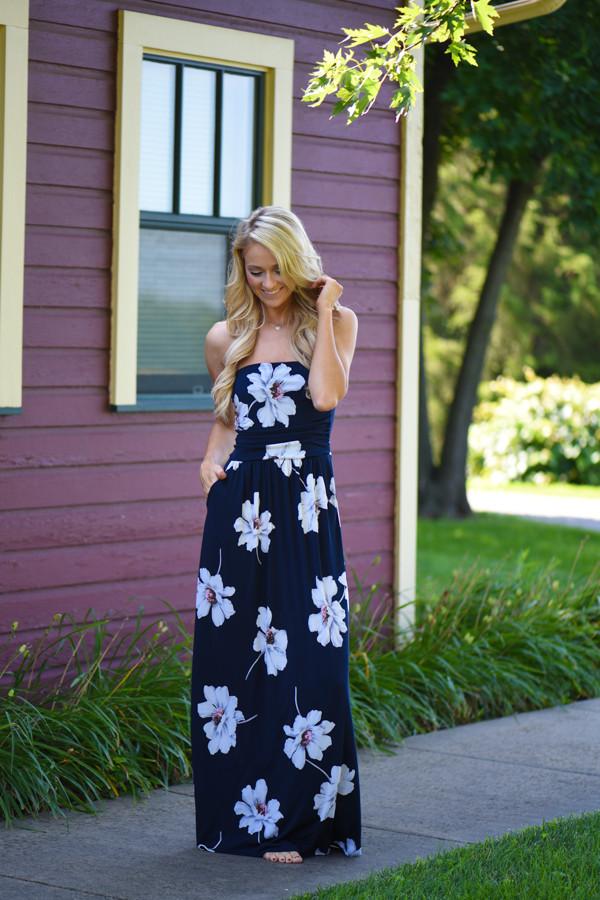 Navy Strapless Floral Maxi Dress with Pockets