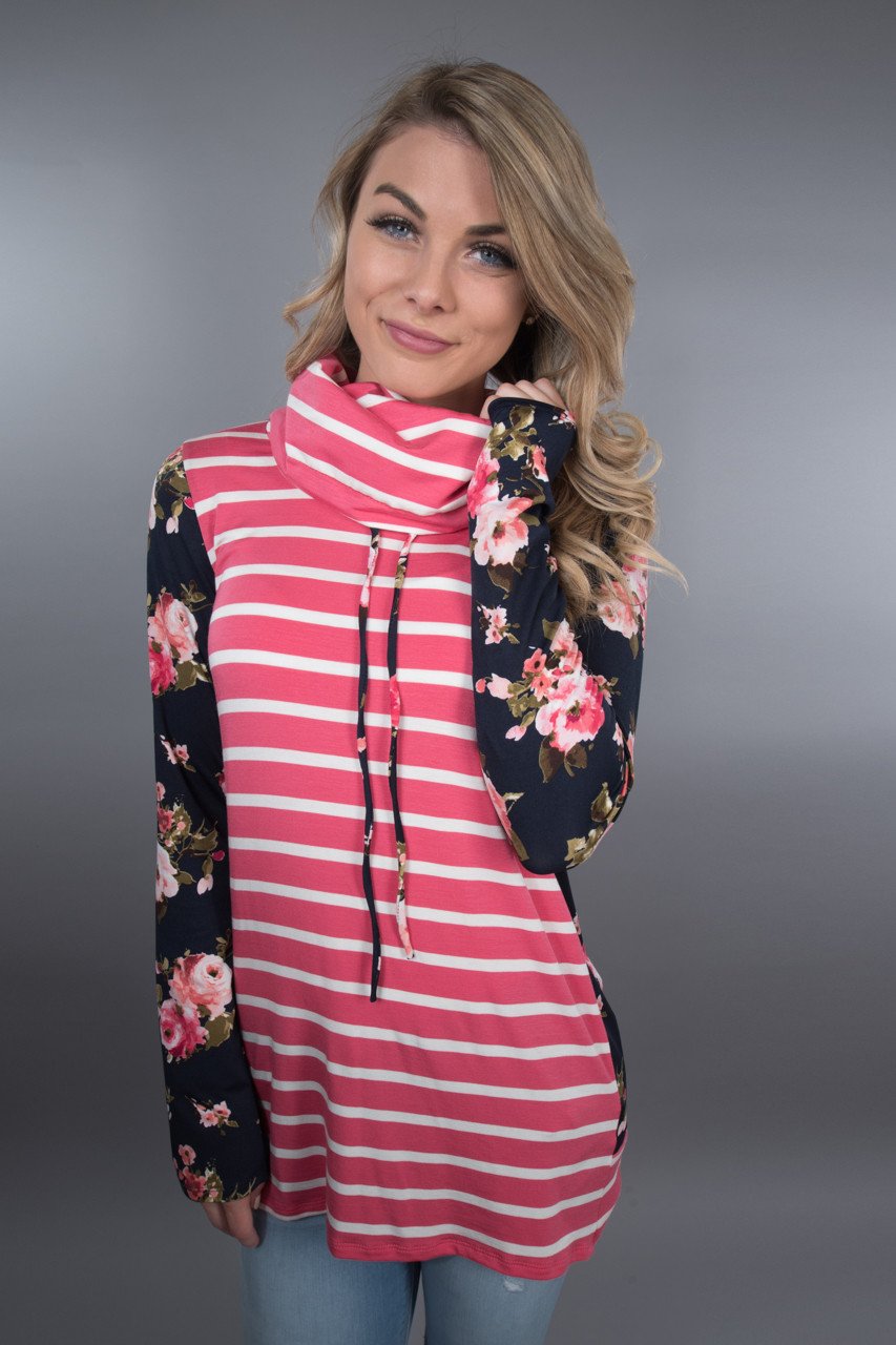 Pink Striped Cowl Neck Top