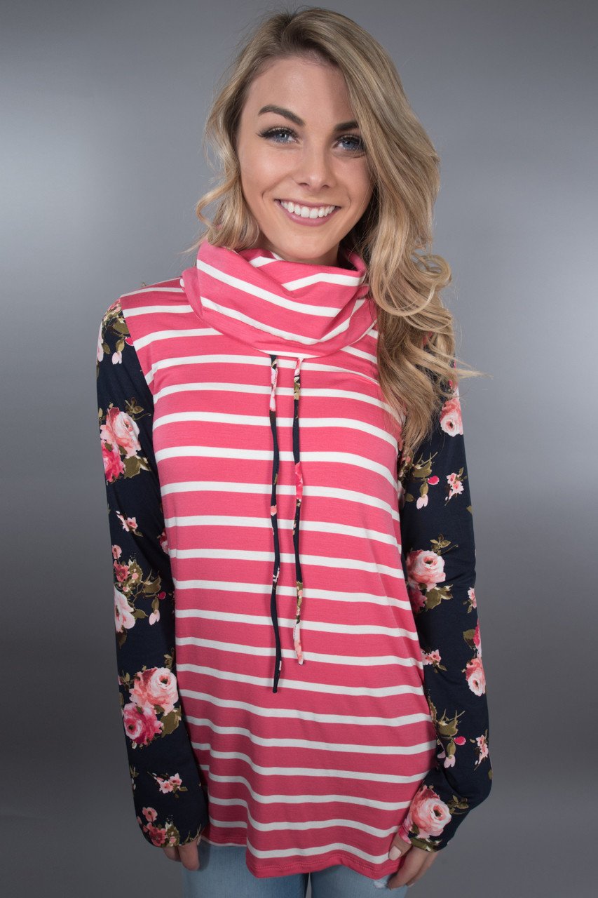 Pink Striped Cowl Neck Top