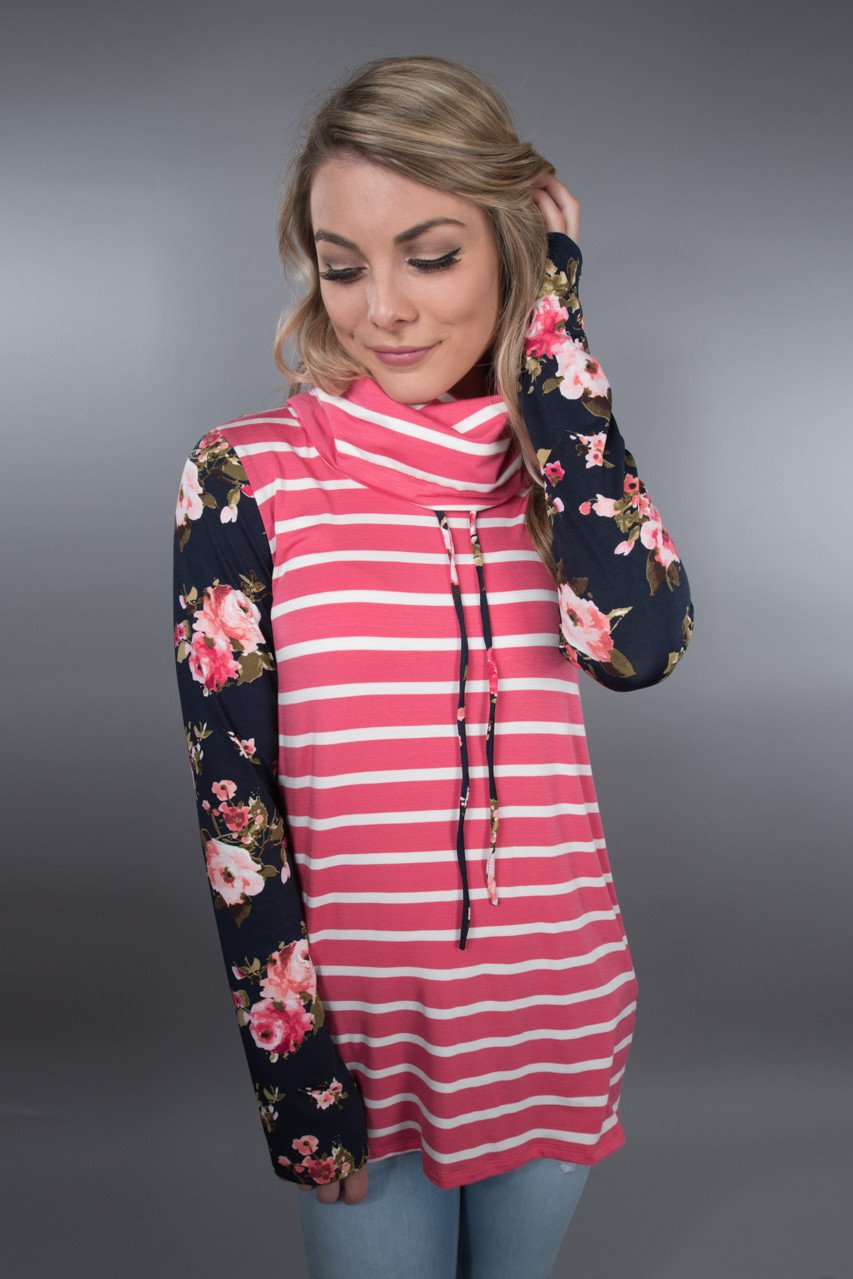 Pink Striped Cowl Neck Top