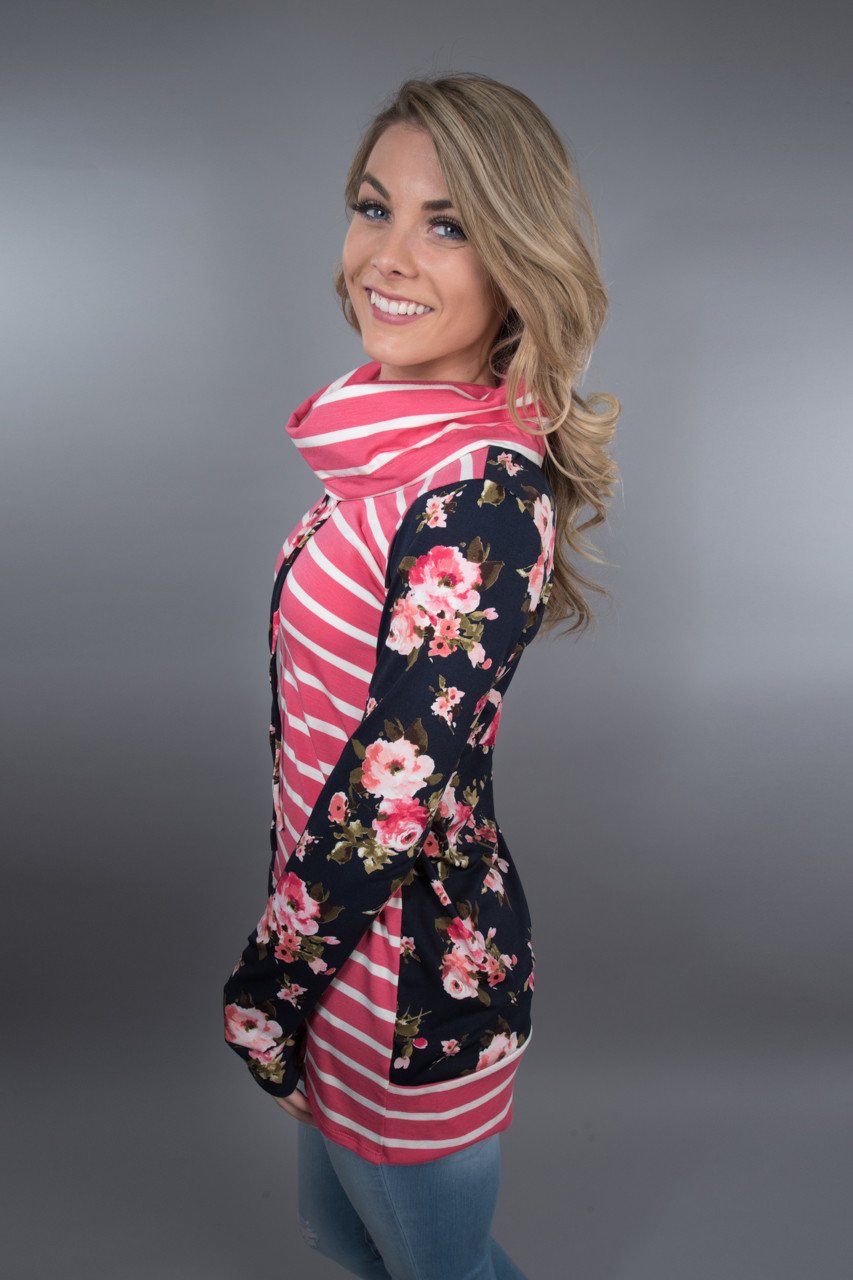Pink Striped Cowl Neck Top