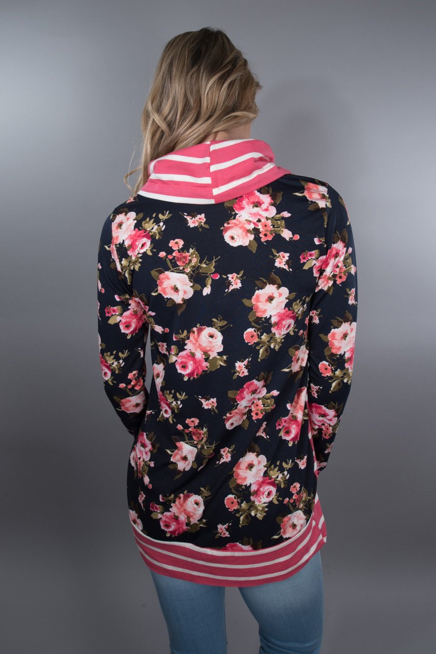 Pink Striped Cowl Neck Top