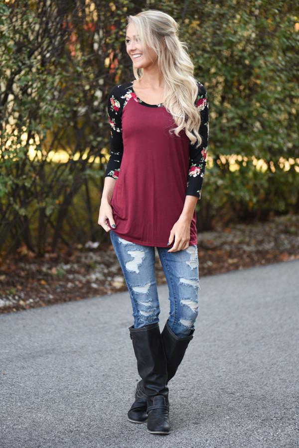 Burgundy Floral 3/4 Sleeve Top