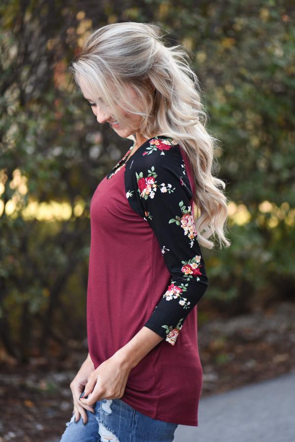 Burgundy Floral 3/4 Sleeve Top
