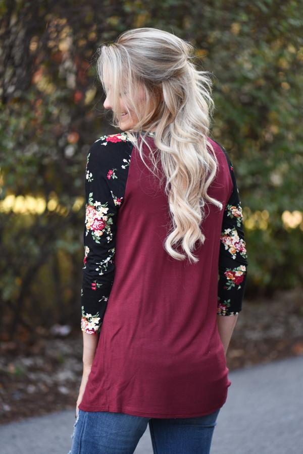 Burgundy Floral 3/4 Sleeve Top