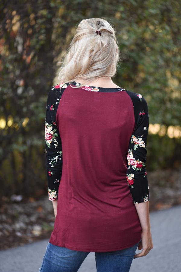 Burgundy Floral 3/4 Sleeve Top