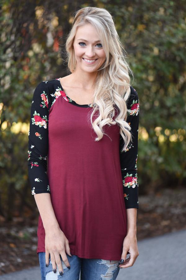 Burgundy Floral 3/4 Sleeve Top