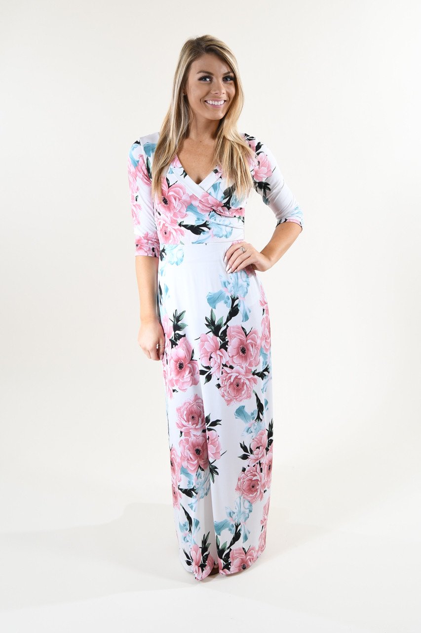3/4 Sleeve Ivory Floral Maxi Dress