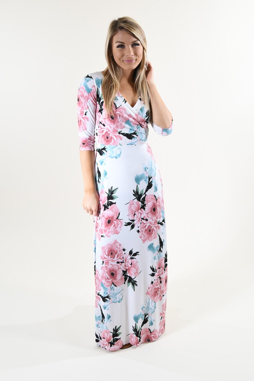 3/4 Sleeve Ivory Floral Maxi Dress – The Pulse Boutique