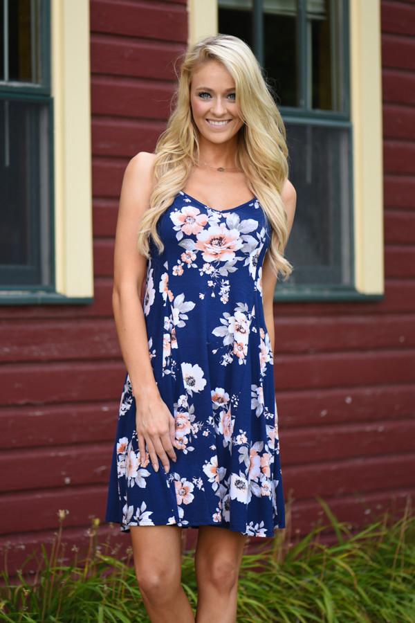 Fall Floral Mid Length Dress - Navy – The Pulse Boutique