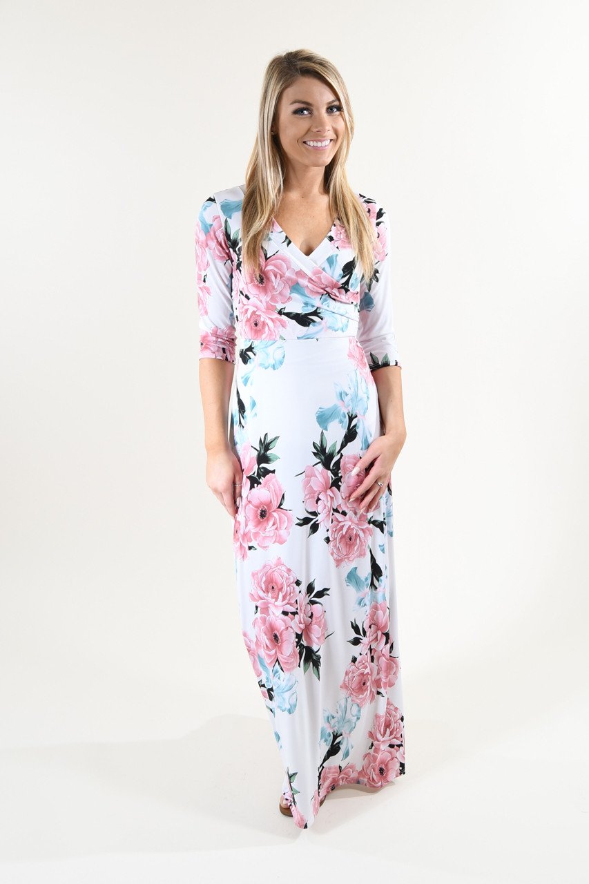 3/4 Sleeve Ivory Floral Maxi Dress