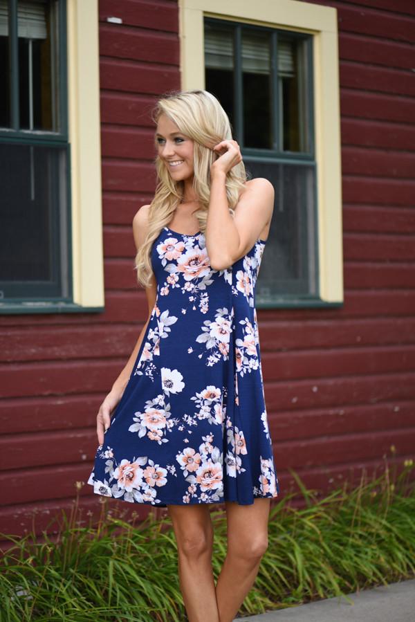 Fall Floral Mid Length Dress - Navy – The Pulse Boutique