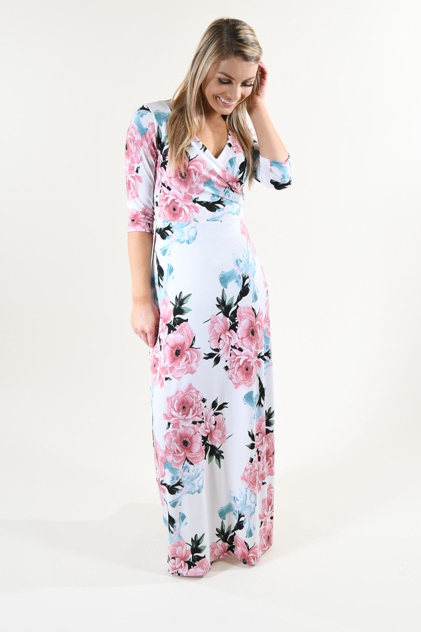3/4 Sleeve Ivory Floral Maxi Dress