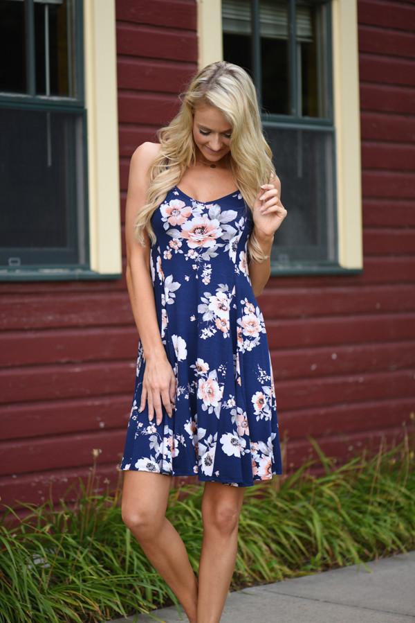 Fall Floral Mid Length Dress - Navy