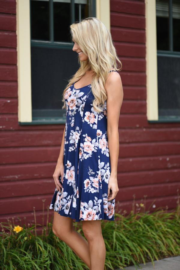Fall Floral Mid Length Dress - Navy