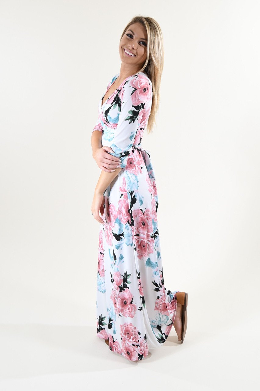 3/4 Sleeve Ivory Floral Maxi Dress