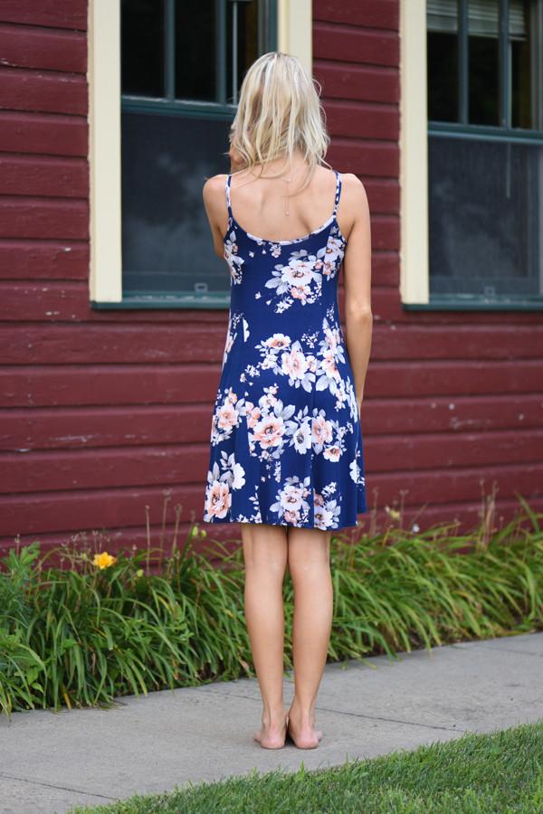 Fall Floral Mid Length Dress - Navy