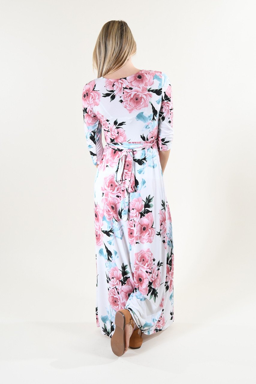 3/4 Sleeve Ivory Floral Maxi Dress
