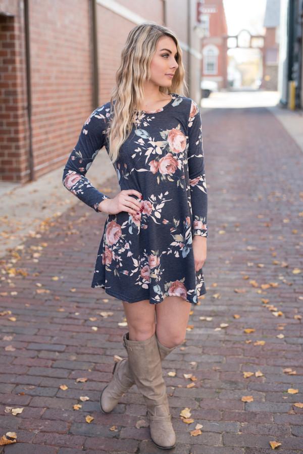 Florence Floral Dress ~ Navy Blue