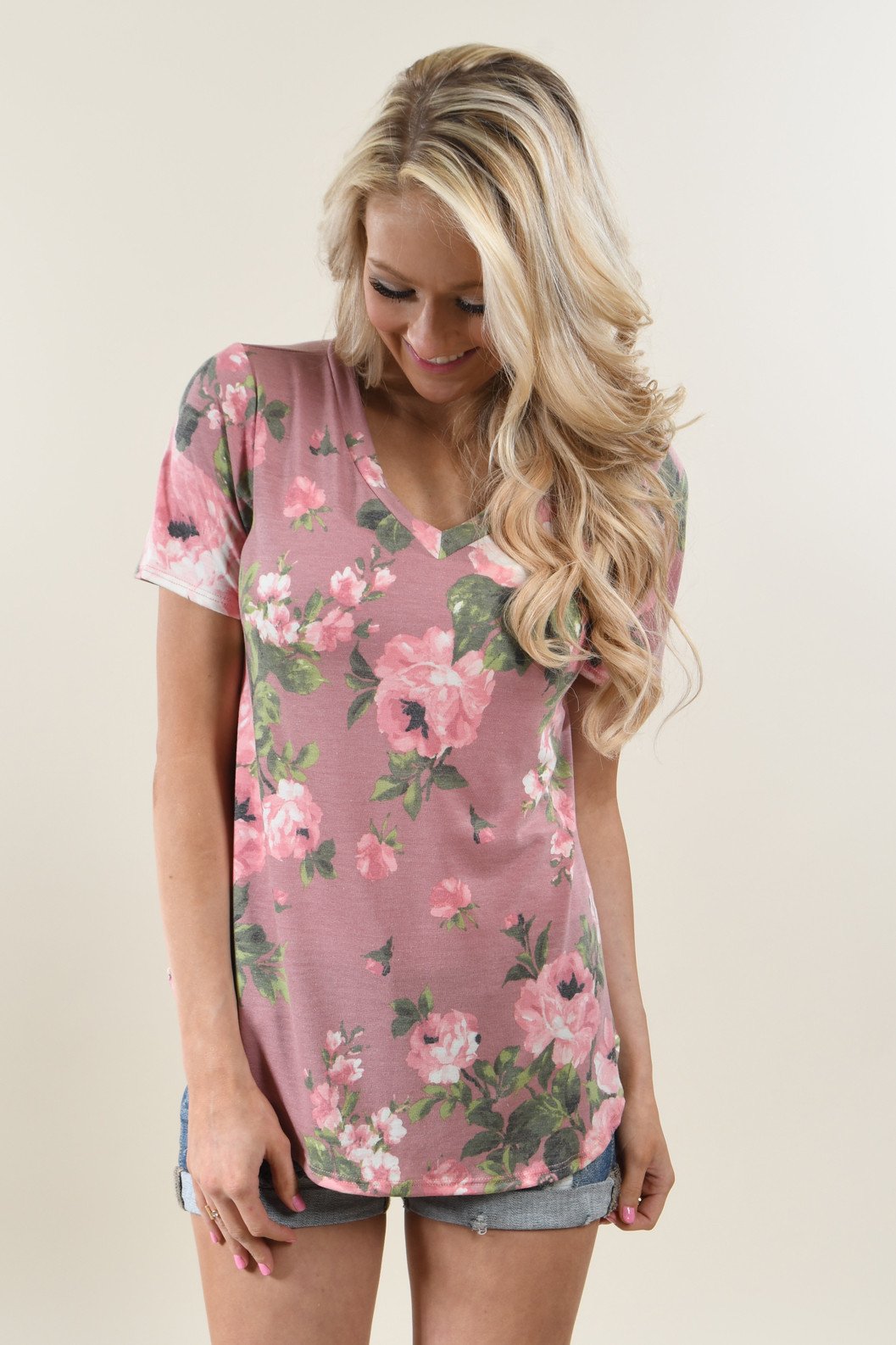Yours Truly Floral V-Neck Mauve