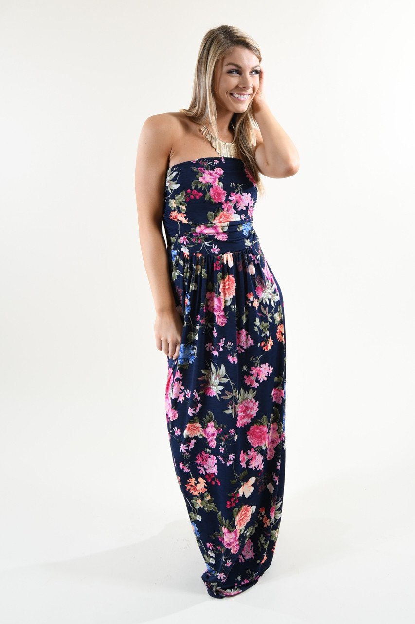 Strapless Floral Maxi Dress ~ Navy
