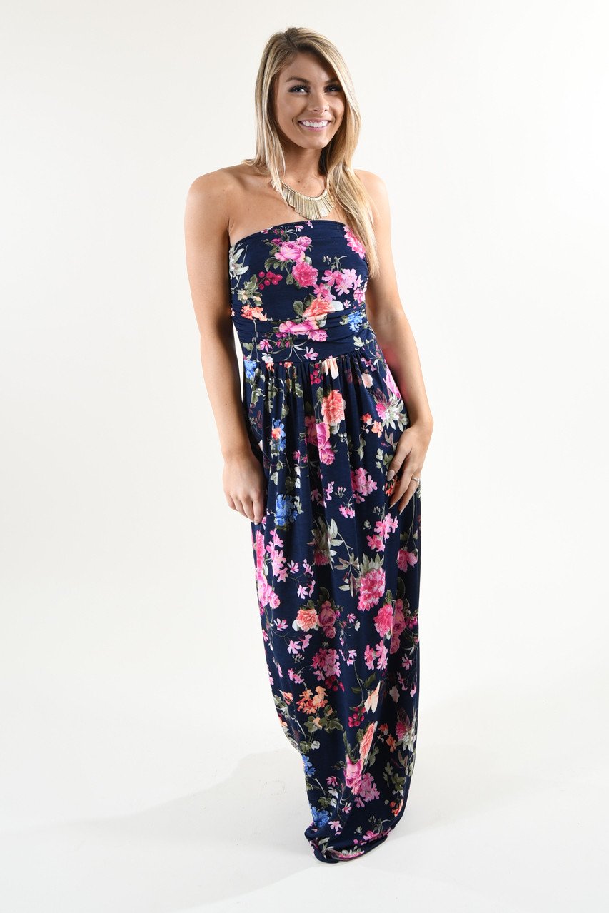 Strapless Floral Maxi Dress ~ Navy