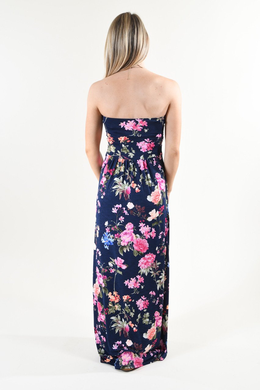 Strapless Floral Maxi Dress ~ Navy